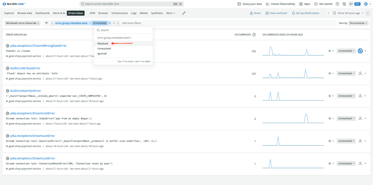 View resolved error groups