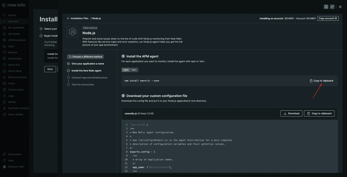 Boxes to select account and name your application